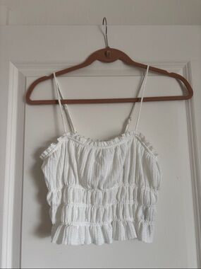 Bershka White Smocked Crop Top with Ruffle Trim